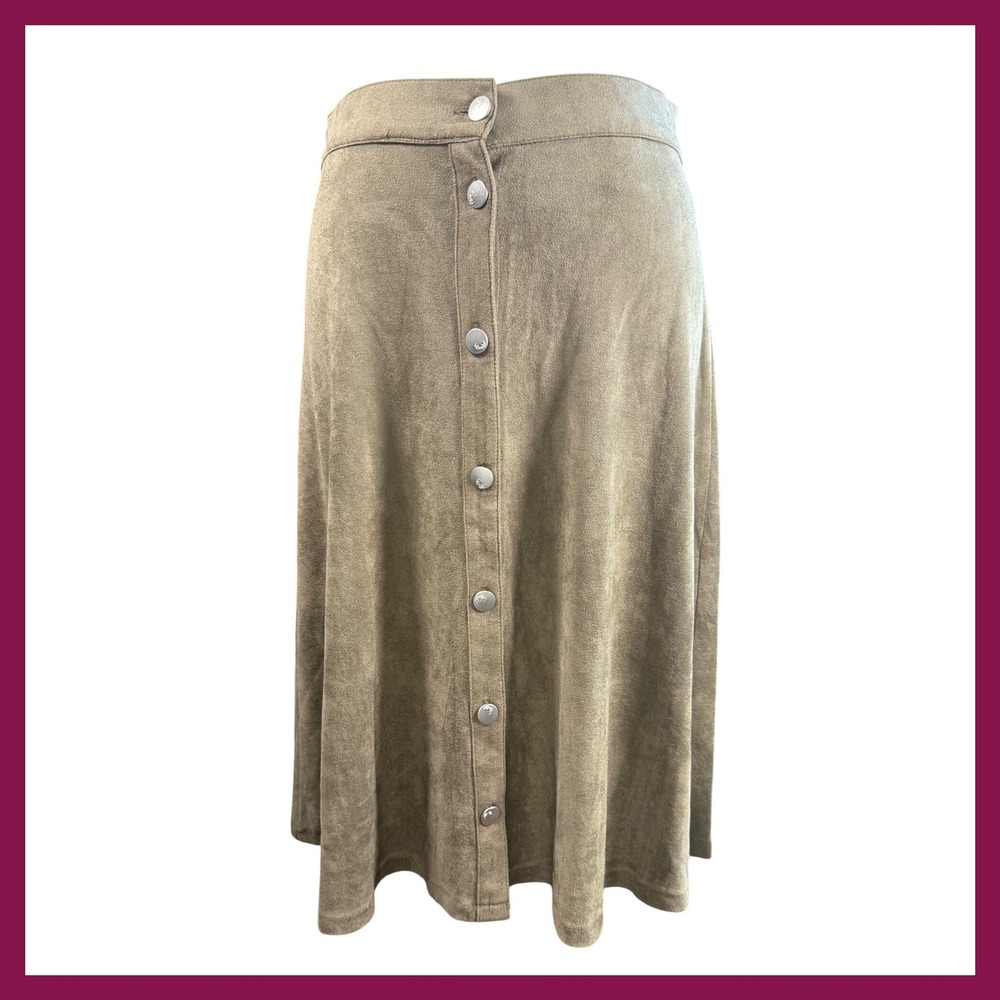 Harmony + Havoc A-Line Button Front Skirt Midi Khaki Suede‎ Feel Size M